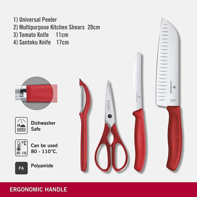 Victorinox Swiss Classic 4 Piece Kitchen Set with Kitchen Knife, Paring Knife, Kitchen Shears and Universal Peeler (Red) Home & Garden > Kitchen & Dining > Kitchen Tools & Utensils > Kitchen Knives Victorinox   