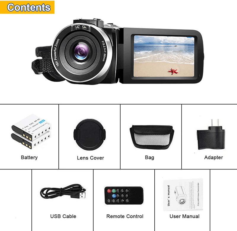 Video Camera Camcorder Full HD 1080P 30FPS 24.0 MP IR Night Vision Vlogging Camera Recorder 3.0 Inch IPS Screen 16X Zoom Camcorders Camera Remote Control with 2 Batteries Cameras & Optics > Cameras > Video Cameras SEREE   