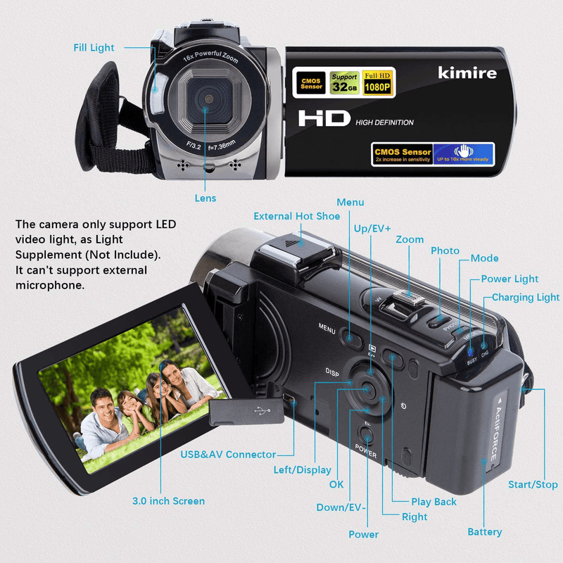 Video Camera Camcorder kimire Digital Camera Recorder Full HD 1080P 15FPS 24MP 3.0 Inch 270 Degree Rotation LCD 16X Digital Zoom Camcorder Camera with 2 Batteries(Black)