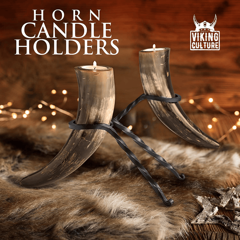 Viking Culture Horn Tealight Candle Holder Set with Wrought Iron Stands, Rustic Home Decor for Modern, Vintage or Farmhouse Styles, Vintage Burlap Storage Bag