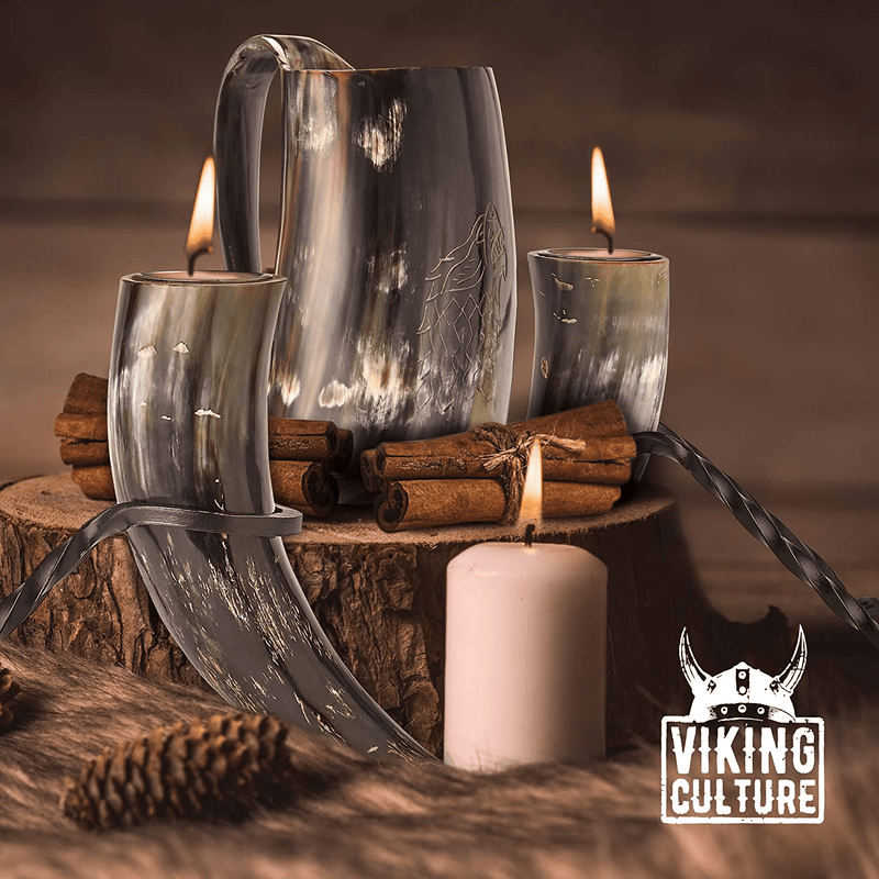 Viking Culture Horn Tealight Candle Holder Set with Wrought Iron Stands, Rustic Home Decor for Modern, Vintage or Farmhouse Styles, Vintage Burlap Storage Bag