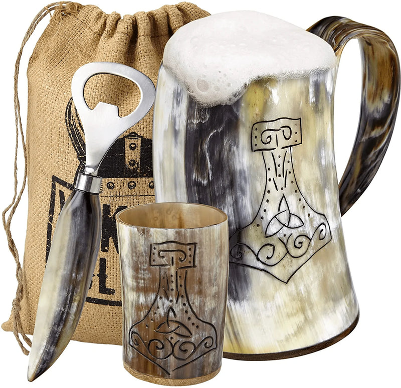 Viking Culture Horn Tealight Candle Holder Set with Wrought Iron Stands, Rustic Home Decor for Modern, Vintage or Farmhouse Styles, Vintage Burlap Storage Bag Home & Garden > Decor > Home Fragrance Accessories > Candle Holders Viking Culture Polished | Thors Hammer Large 