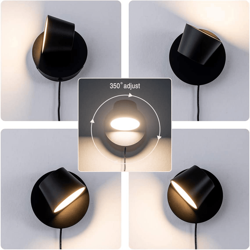 VILUXY Modern LED Bedside Wall Sconce Plug-In Cord with Switch Lighting Fixture 350 Rotation Adjustment Black Wall Lamp for Bedroom 6W 3000K 2 Pack