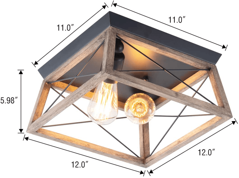VILUXY Retro Industrial Rectangle Flush Mount Ceiling Light Fixture with Wood Shade for Hallway, Entryway, Passway, Dining Room, Bedroom, Balcony Living Room Two-Light Home & Garden > Lighting > Lighting Fixtures > Ceiling Light Fixtures KOL DEALS   
