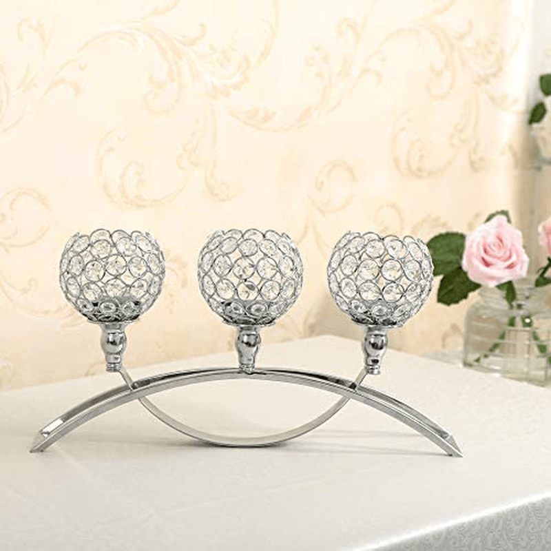 VINCIGANT 3 Arms Crystal Candle Holders,Table Candelabras,Buffet Cabinet Candelabra Ornaments Table Centerpieces for Wedding Dinning Room,（Gifts Boxed）, Silver