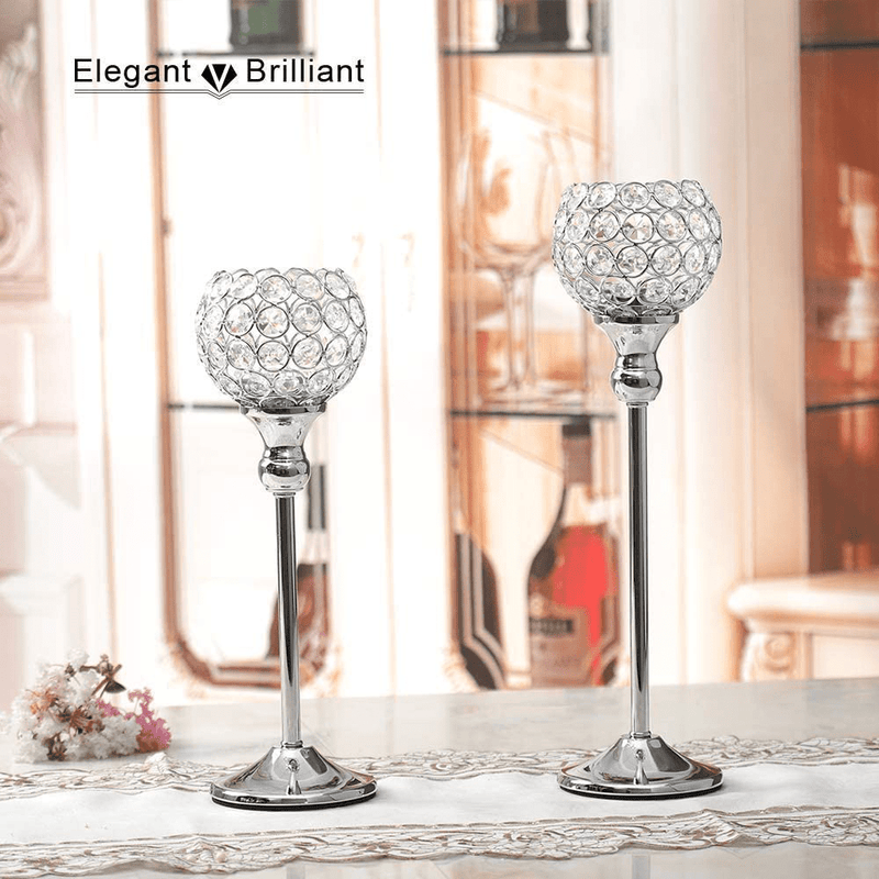 VINCIGANT Silver Crystal Tea Light Candle Holders Set of 2/Sparklers Wedding Candelabra Housewarming Dining Room Coffee Table Decorative Centerpiece