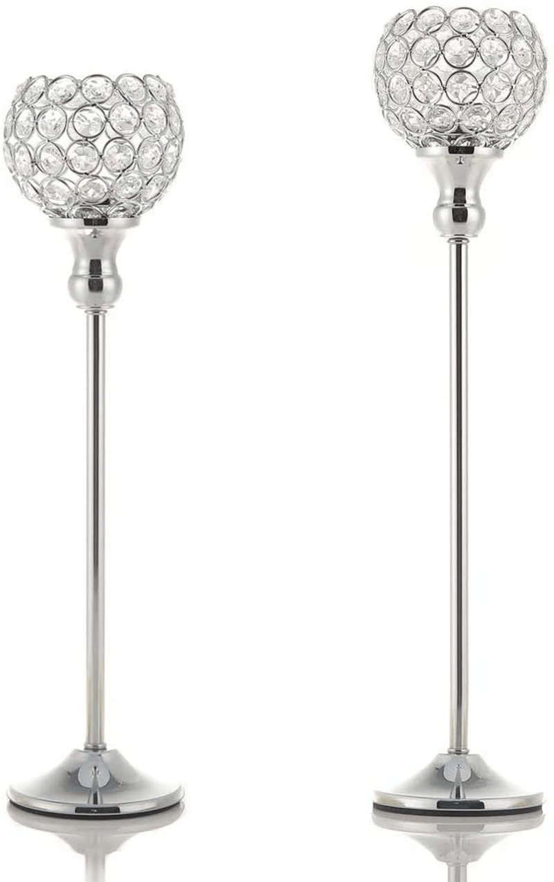 VINCIGANT Silver Crystal Tea Light Candle Holders Set of 2/Sparklers Wedding Candelabra Housewarming Dining Room Coffee Table Decorative Centerpiece Home & Garden > Decor > Home Fragrance Accessories > Candle Holders VINCIGANT 17" & 19" Tall  