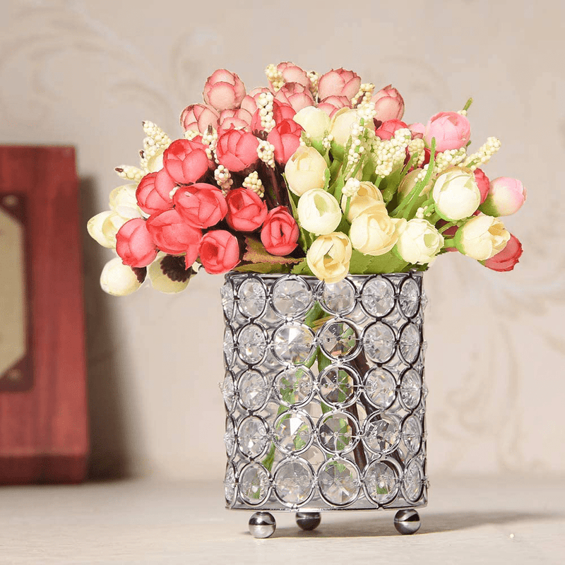 VINCIGANT Silver Cylinder Crystal Tealight Candle Holder Candlesticks / Pen Holders for Home Office Decoration Gifts for Christmas