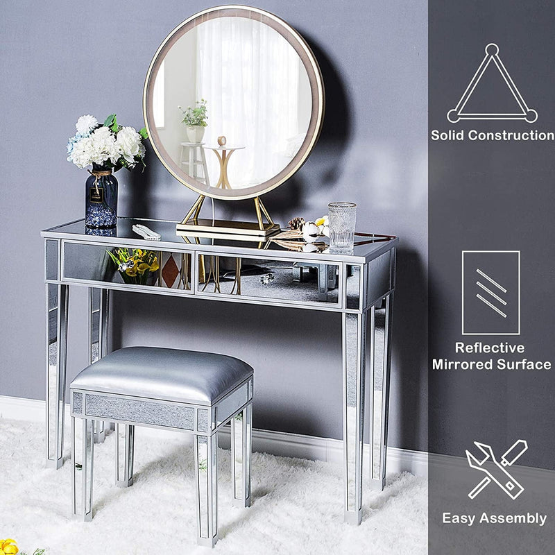 VINGLI Mirrored Vanity Stool with Storage Vanity Chairs Makeup Stool Mirrored Silver Piano Bench Seat for Bedroom, Makeup Room, Bathroom, Living Room