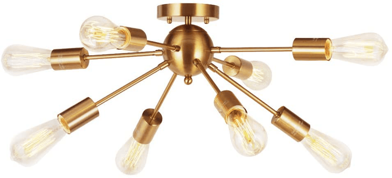 VINLUZ 8-Light Sputnik Chandelier Brushed Brass Semi Flush Mount Ceiling Light Modern Pendant Light for Kitchen Bathroom Dining Room Bed Room Hallway