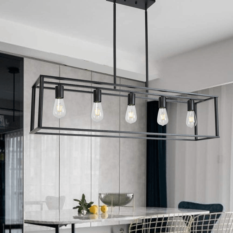 VINLUZ Farmhouse Chandeliers 5-Light Black Dining Room Lighting Linear Contemporary Metal Pendant Light Large Industrial Rustic Hanging Ceiling Light Fixtures for Kitchen Island Foyer Bar Home & Garden > Lighting > Lighting Fixtures > Chandeliers VINLUZ   