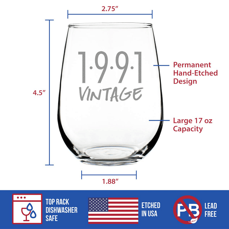 Vintage 1991-30th Birthday Stemless Wine Glass Gifts for Women & Men Turning 30 - Bday Party Decor - Large Glasses Home & Garden > Decor > Seasonal & Holiday Decorations Bevvee   