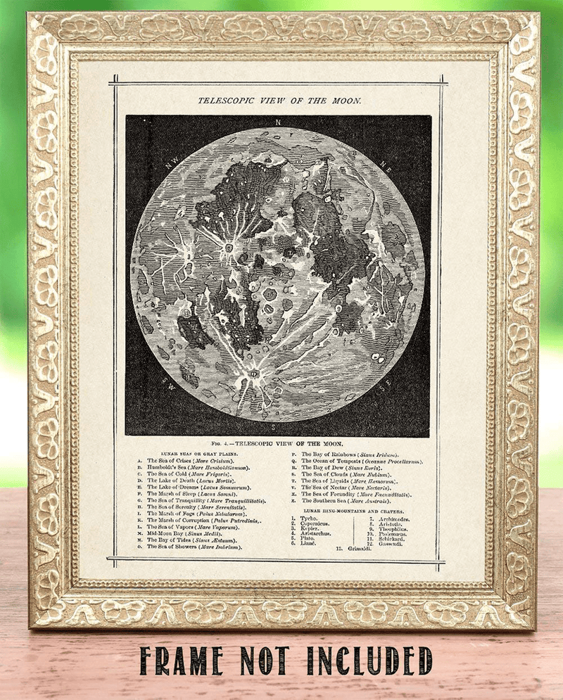 Vintage Antique Map of the Moon Wall Art Print - 11X14 Unframed Poster - Makes a Great Moon Phases Gift under $15 for Space Lovers and Astronomers Home & Garden > Decor > Artwork > Posters, Prints, & Visual Artwork Lone Star Art Store   