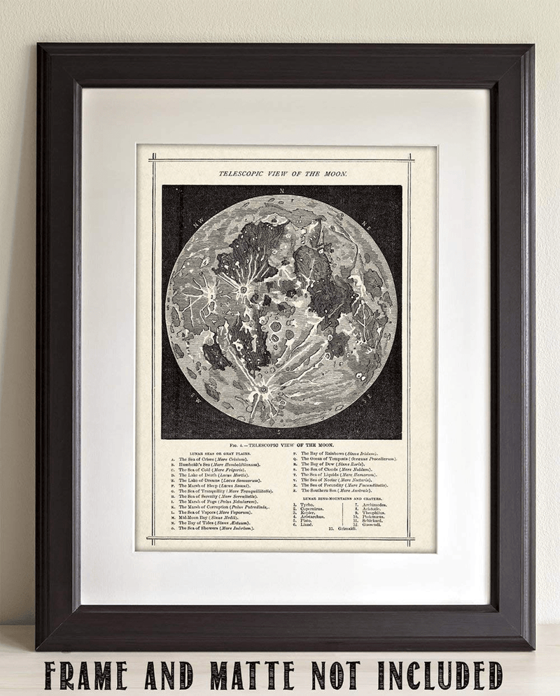 Vintage Antique Map of the Moon Wall Art Print - 11X14 Unframed Poster - Makes a Great Moon Phases Gift under $15 for Space Lovers and Astronomers