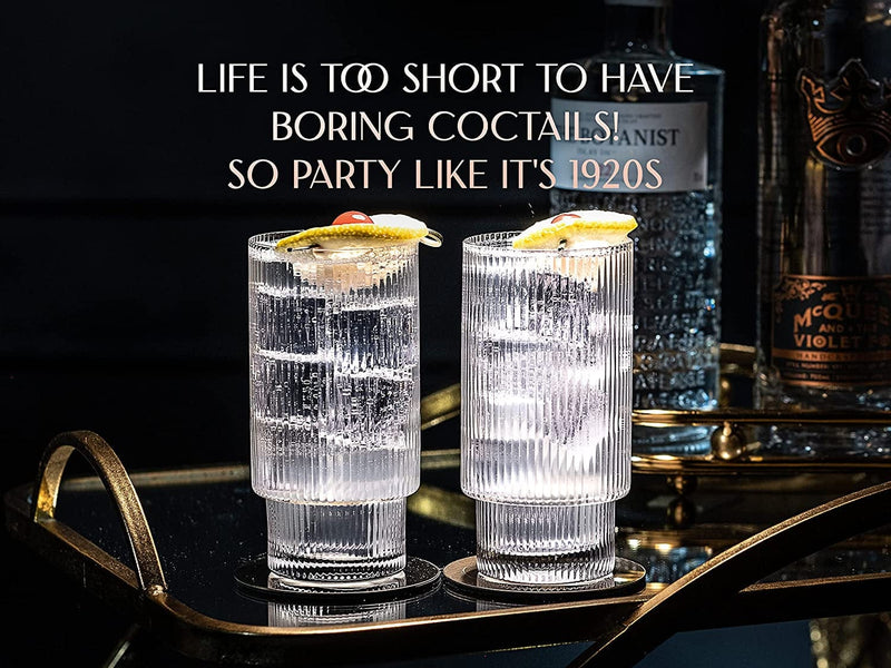 Vintage Art Deco Highball Ribbed Cocktail Glasses | Set of 4 | 14 Oz Crystal Collins Glassware for Drinking Mojito, Tom Collins, Classic Hi Ball Bar Drinks | Skinny Tall Barware Tumblers Home & Garden > Kitchen & Dining > Barware GLASSIQUE CADEAU   