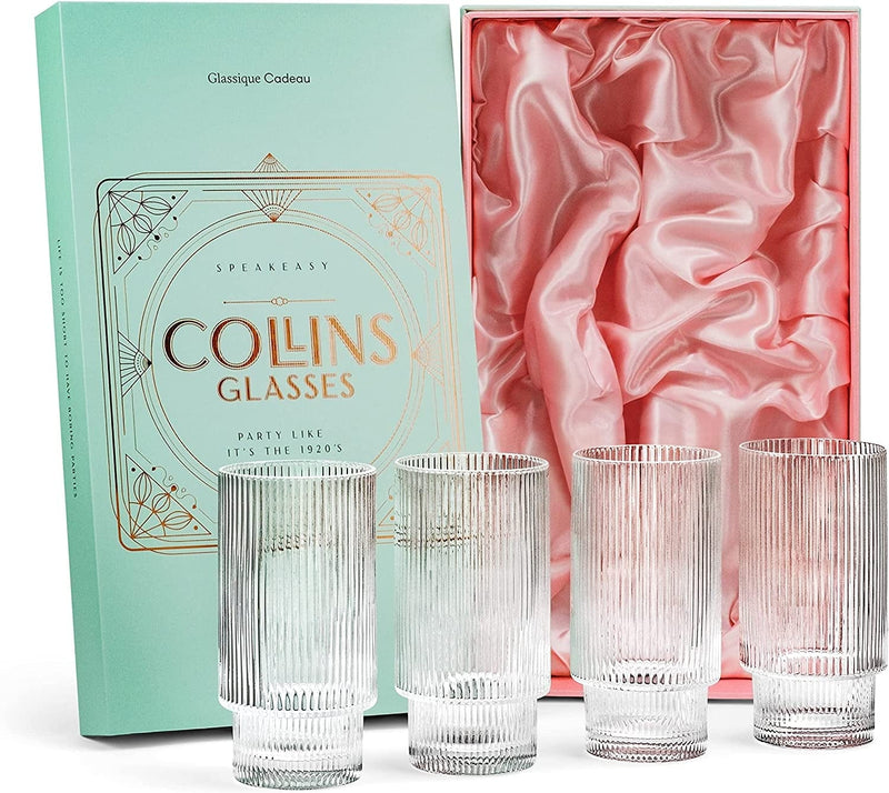 Vintage Art Deco Highball Ribbed Cocktail Glasses | Set of 4 | 14 Oz Crystal Collins Glassware for Drinking Mojito, Tom Collins, Classic Hi Ball Bar Drinks | Skinny Tall Barware Tumblers Home & Garden > Kitchen & Dining > Barware GLASSIQUE CADEAU   