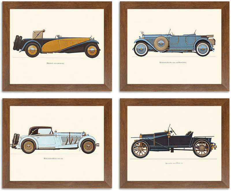Vintage Car, Bugatti-Mercedes-Delage-Hispano Framed Painting / Posters for Room Decoration , Set of 4 Brown Frame Art Prints / Posters for Living Room by Art Street (4 Unit, 8X10 Inches) Home & Garden > Decor > Artwork > Posters, Prints, & Visual Artwork Art Street   
