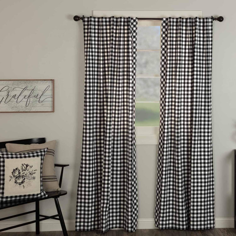 Vintage Check Black Panel Curtains, Set of 2 Panels, 96" Long, Modern Farmhouse Gingham Drapes, Window Treatment
