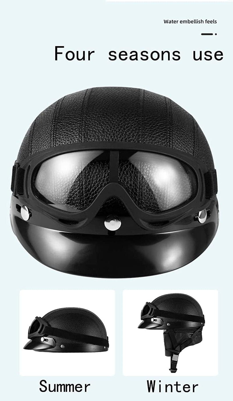Vintage German Style Leather Electric Motorcycle Helmet, DOT Approved Adult Men Women Retro Half Face Helmet, Open Face Skull Cap Half Shell Helmet for Bicycle Cruiser Scooter Sporting Goods > Outdoor Recreation > Cycling > Cycling Apparel & Accessories > Bicycle Helmets MTLIVE   