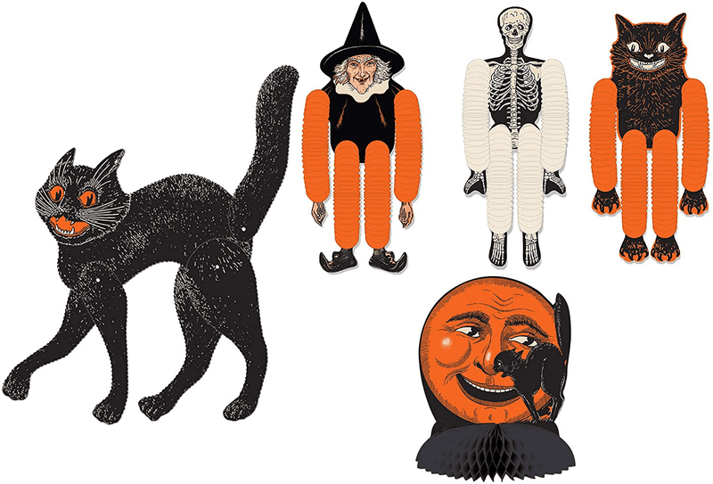 Vintage Halloween Décor Bundle | Includes Tissue Dancers, Cat & Moon Centerpiece, and Jointed Black Cat
