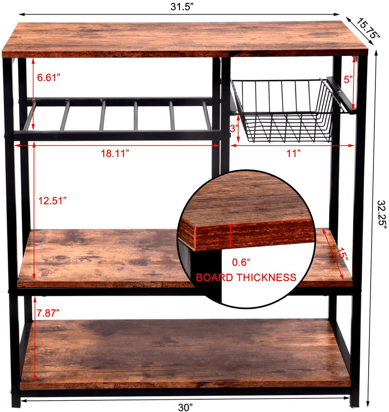 Vintage Kitchen Baker'S Rack Utility Storage Shelf Stand Organizer Coffee Workstation, 31.5×15.75×32 Inches