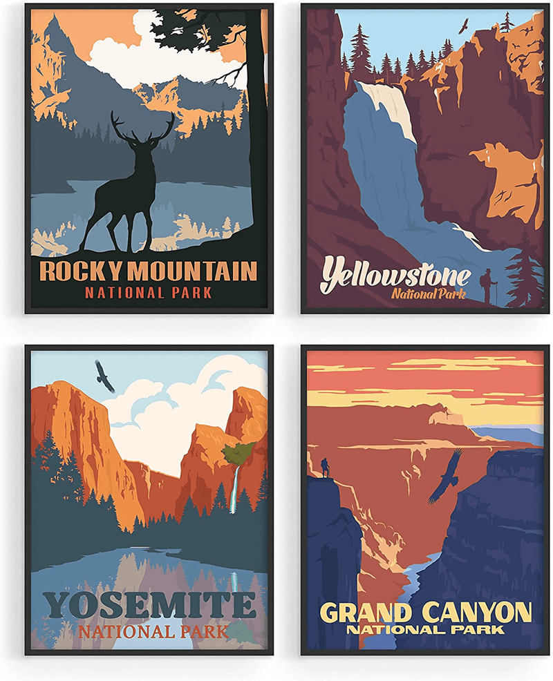 Vintage National Parks Poster Set - by Haus and Hues | National Parks Art Prints Nature Wall Art, and Mountain Print Set Abstract National Park Prints, Mountain Posters, Nature Prints, 8"X10" UNFRAMED Home & Garden > Decor > Artwork > Posters, Prints, & Visual Artwork HAUS AND HUES Original Set of 4 11x14 Black Framed 