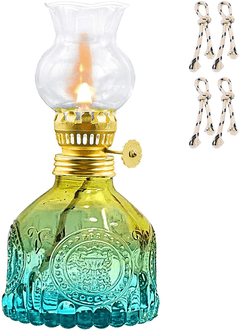 Vintage Oil Lamp for Indoor Use,Gradient Color Glass Kerosene Lamp with 4 Wicks,Rustic Hurricane Lantern for Home Emergency,Farmhouse Decor (Blue) Home & Garden > Lighting Accessories > Oil Lamp Fuel Igtazy Blue  