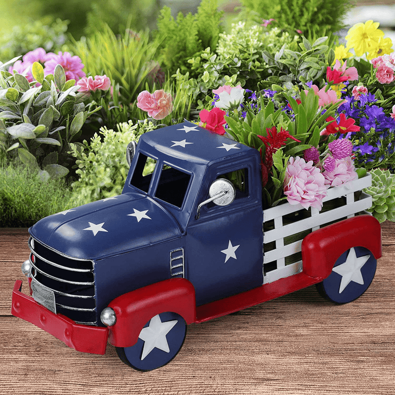Vintage Patriotic Truck Decor, Fourth of July Farmhouse Truck Decoration, Decorative Tabletop Storage & Americana Pick-up Metal Truck Planter