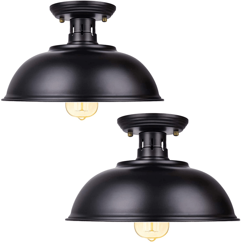 Vintage Rustic Semi Flush Mount Ceiling Light, Farmhouse Black Ceiling Light Fixture E26 Base, Industrial Ceiling Lights for Hallway Stairway Foyer Kitchen Porch Entryway (2 Pack)