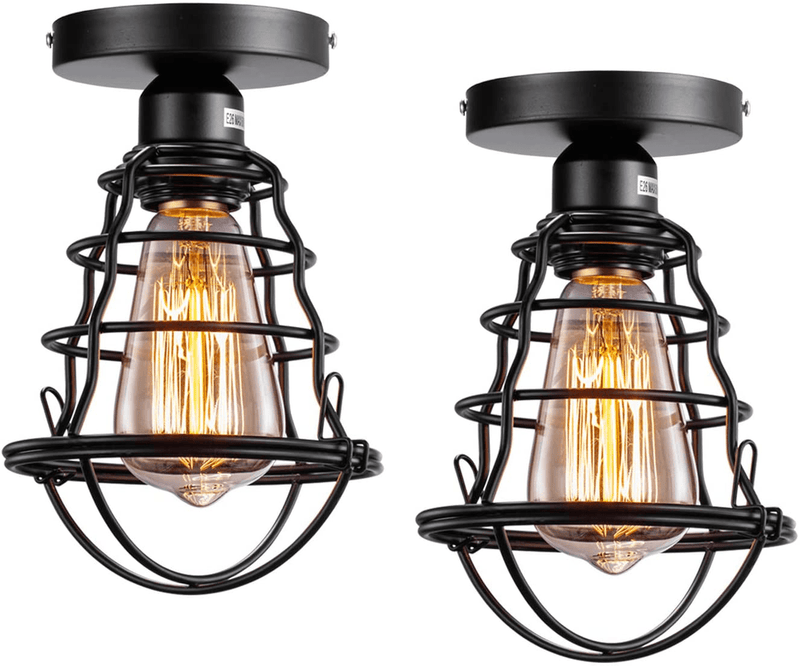 Vintage Semi Flush Mount Ceiling Light E26 E27 Base Edison Rustic Antique Metal Caged Industrial Ceiling Light Fixture for Hallway Porch Bathroom Stairway Bedroom Kitchen 2 Pack