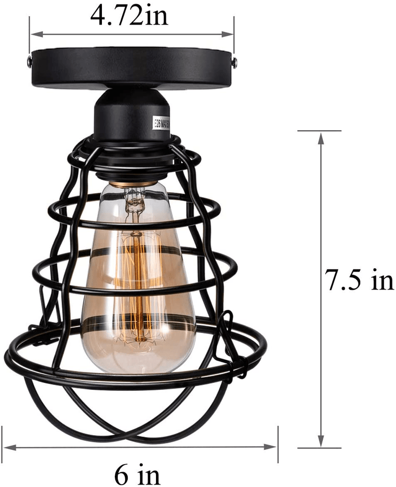 Vintage Semi Flush Mount Ceiling Light E26 E27 Base Edison Rustic Antique Metal Caged Industrial Ceiling Light Fixture for Hallway Porch Bathroom Stairway Bedroom Kitchen 2 Pack