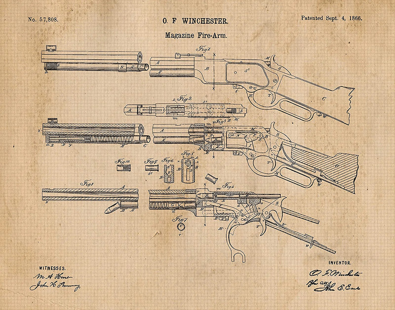 Vintage Winchester Lever Action Rifle Poster Gun Patent Print, Set of 1 (11X14) Unframed Photo, Great Wall Art Decor Gifts under 15 for Home, Office, Man Cave, Shop, Cowboys, NRA Fan & Movies Fan