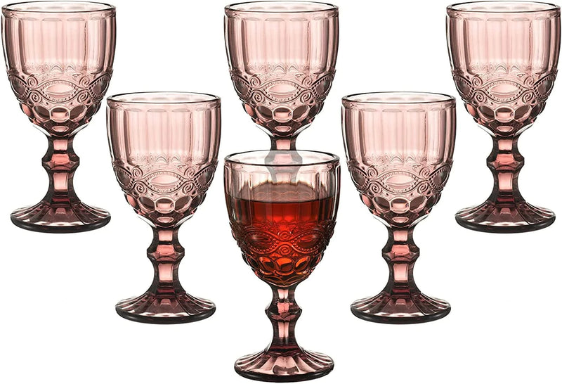 Vintage Wine Glasses Set of 6, 10 Ounces Colored Glass Water Goblets, Unique Embossed Pattern High Clear Stemmed Glassware Wedding Party Bar Drinking Cups Floral Purple Home & Garden > Kitchen & Dining > Tableware > Drinkware XKXKKE Purple  