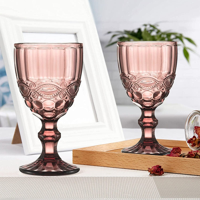 Vintage Wine Glasses Set of 6, 10 Ounces Colored Glass Water Goblets, Unique Embossed Pattern High Clear Stemmed Glassware Wedding Party Bar Drinking Cups Floral Purple Home & Garden > Kitchen & Dining > Tableware > Drinkware XKXKKE   