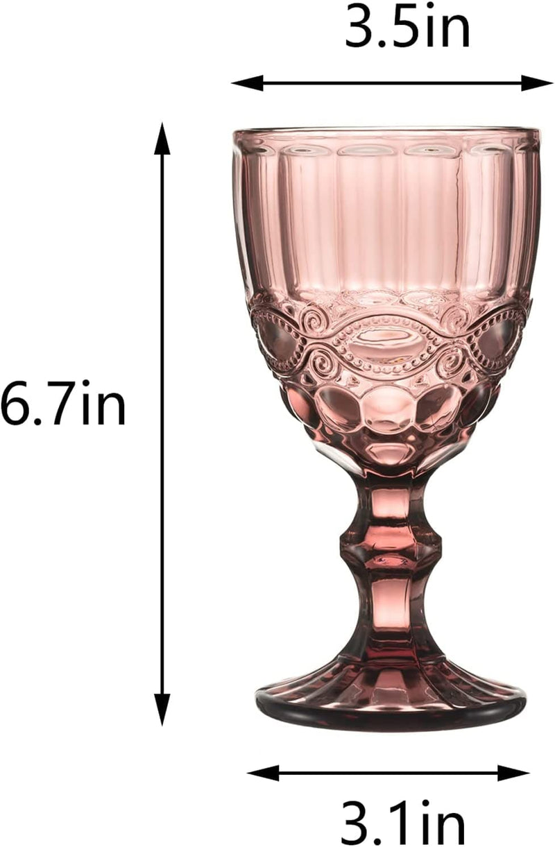 Vintage Wine Glasses Set of 6, 10 Ounces Colored Glass Water Goblets, Unique Embossed Pattern High Clear Stemmed Glassware Wedding Party Bar Drinking Cups Floral Purple Home & Garden > Kitchen & Dining > Tableware > Drinkware XKXKKE   