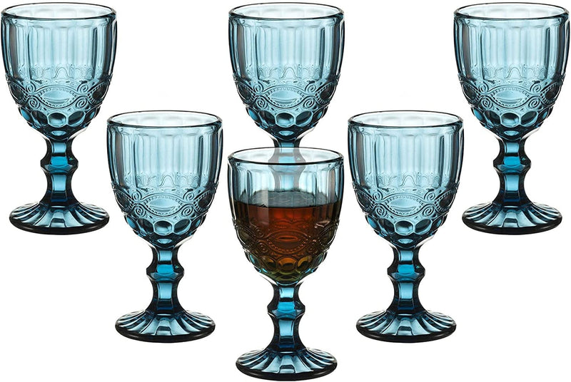 Vintage Wine Glasses Set of 6, 10 Ounces Colored Glass Water Goblets, Unique Embossed Pattern High Clear Stemmed Glassware Wedding Party Bar Drinking Cups Floral Purple Home & Garden > Kitchen & Dining > Tableware > Drinkware XKXKKE Blue  