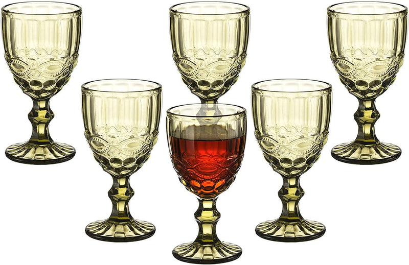 Vintage Wine Glasses Set of 6, 10 Ounces Colored Glass Water Goblets, Unique Embossed Pattern High Clear Stemmed Glassware Wedding Party Bar Drinking Cups Floral Purple Home & Garden > Kitchen & Dining > Tableware > Drinkware XKXKKE Green  