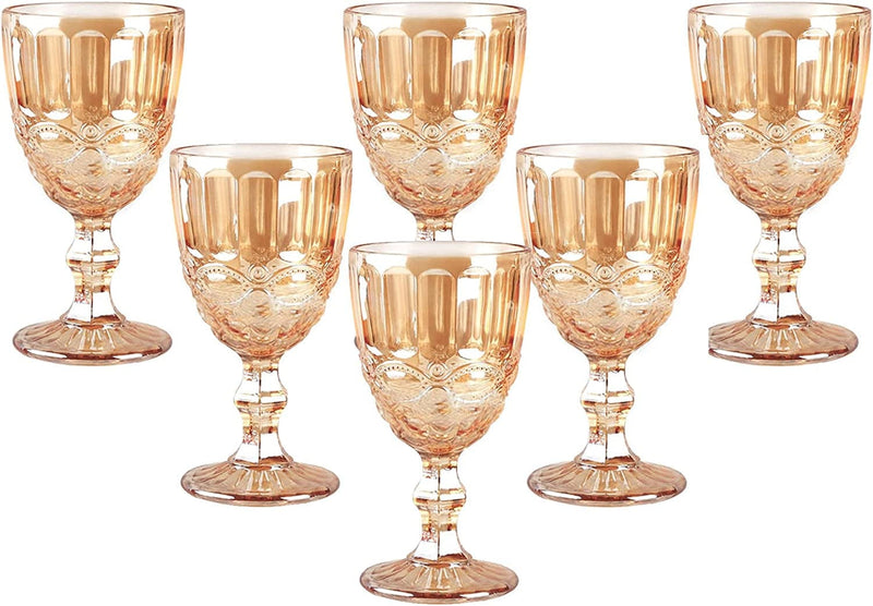 Vintage Wine Glasses Set of 6, 10 Ounces Colored Glass Water Goblets, Unique Embossed Pattern High Clear Stemmed Glassware Wedding Party Bar Drinking Cups Floral Purple Home & Garden > Kitchen & Dining > Tableware > Drinkware XKXKKE Amber  