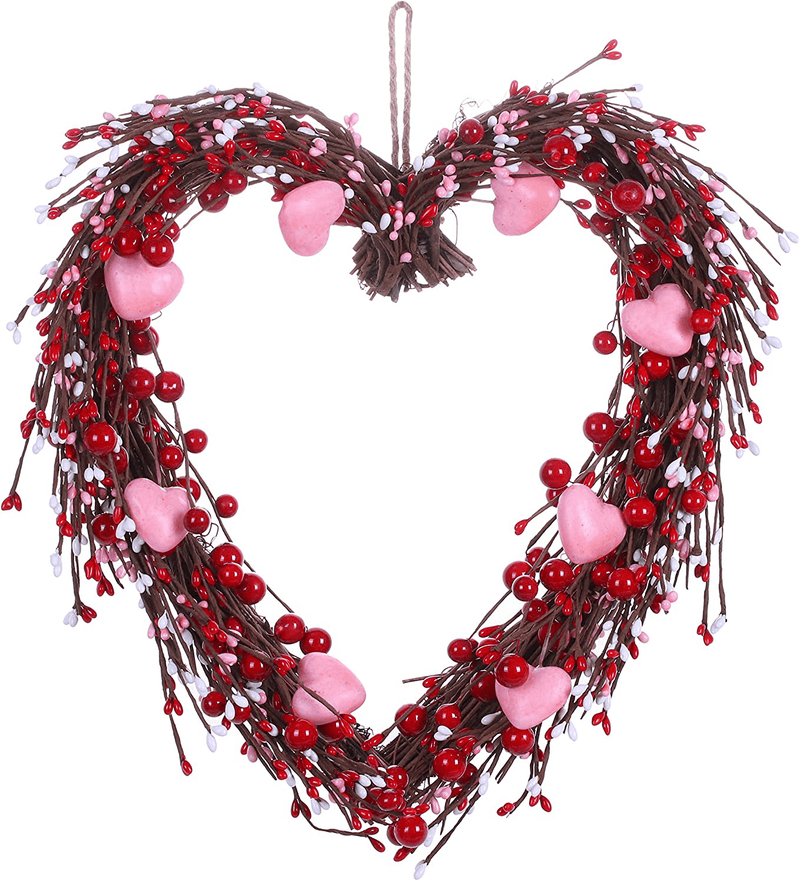 Violetevergarden Valentine’S Day Wreath,15” Heart Shaped Wreath with Red Berries and Small Pink Hearts for Valentine’S Day Wedding Festival Decor Home & Garden > Decor > Seasonal & Holiday Decorations VioletEverGarden Pink  
