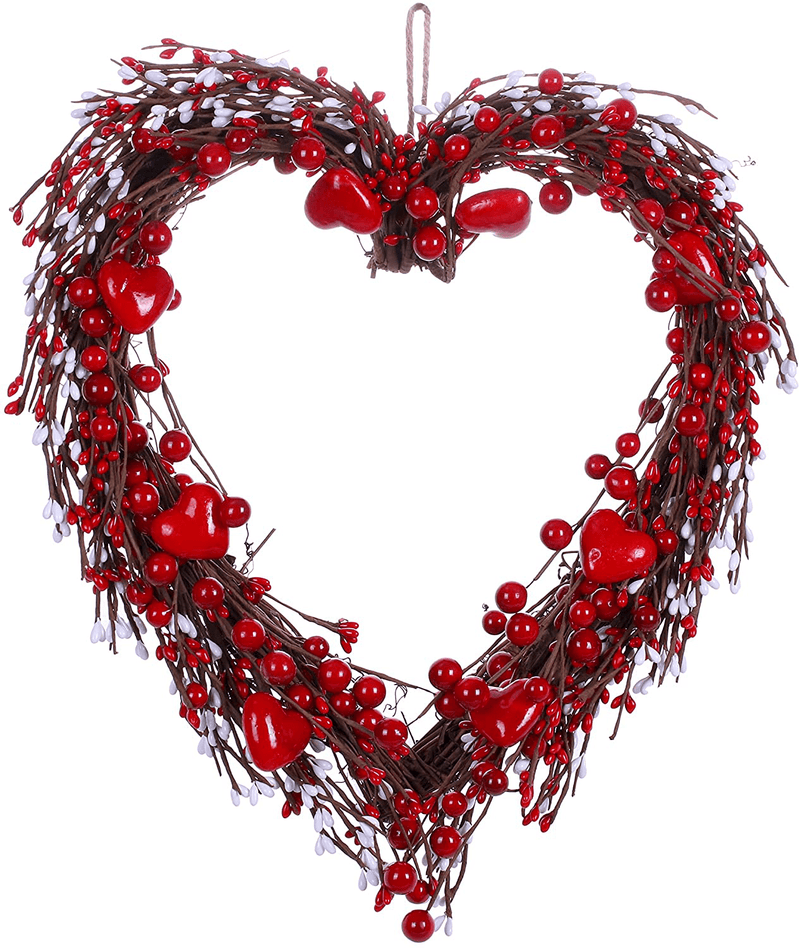 Violetevergarden Valentine’S Day Wreath,15” Heart Shaped Wreath with Red Berries and Small Pink Hearts for Valentine’S Day Wedding Festival Decor Home & Garden > Decor > Seasonal & Holiday Decorations VioletEverGarden Red-white  