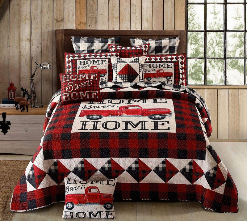 Virah Bella 3 Piece King Cabin Quilt Bedding Set - Farm Life - Black & White Plaid - Rustic Country Reversible Patchwork Comforter Set with Decorative Pillow Shams Home & Garden > Linens & Bedding > Bedding > Quilts & Comforters Virah Bella Strain Red Truck Home Sweet Home Twin 
