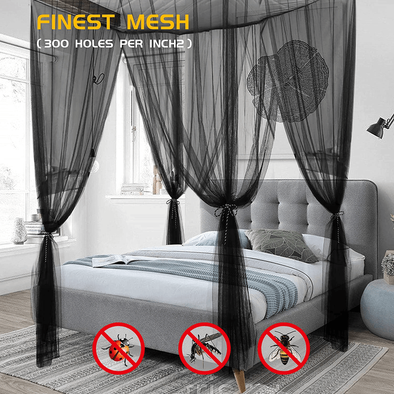 VISATOR Mosquito Net Bed Canopy,4 Corner Post Canopy Bed Curtains with 8 Hanging Hook,30Ft Hanging Tether,4 Tassel Hanging Pendants and Storage Bag,Canopy Bed for Full/Queen/King Size (Black)