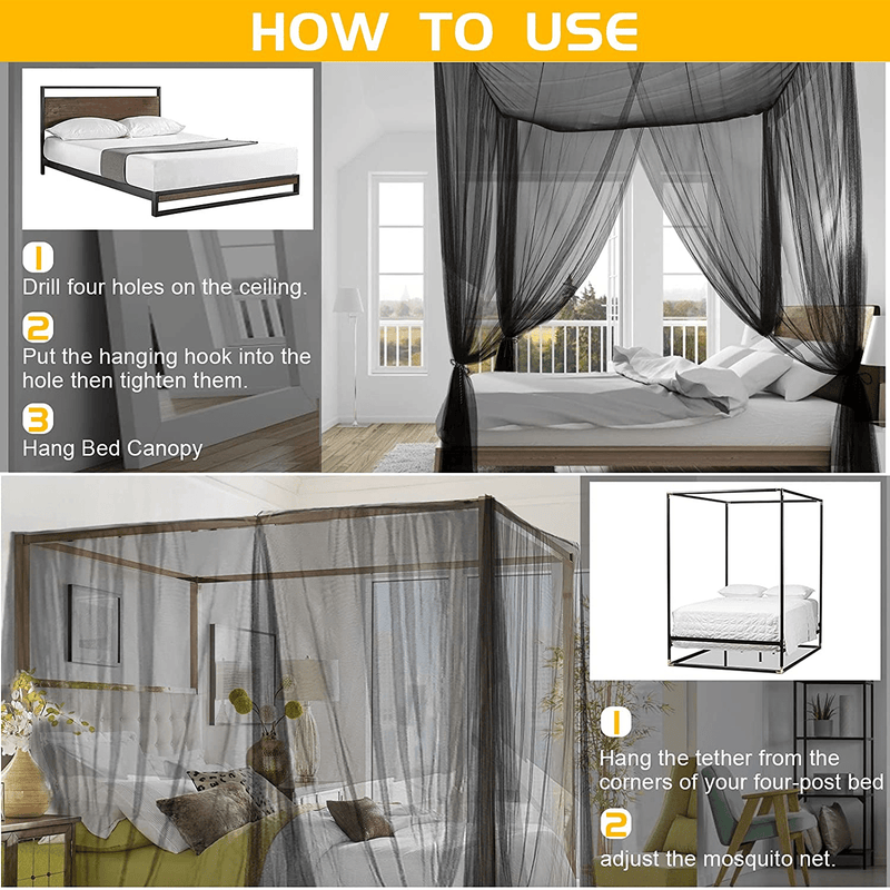 VISATOR Mosquito Net Bed Canopy,4 Corner Post Canopy Bed Curtains with 8 Hanging Hook,30Ft Hanging Tether,4 Tassel Hanging Pendants and Storage Bag,Canopy Bed for Full/Queen/King Size (Black)