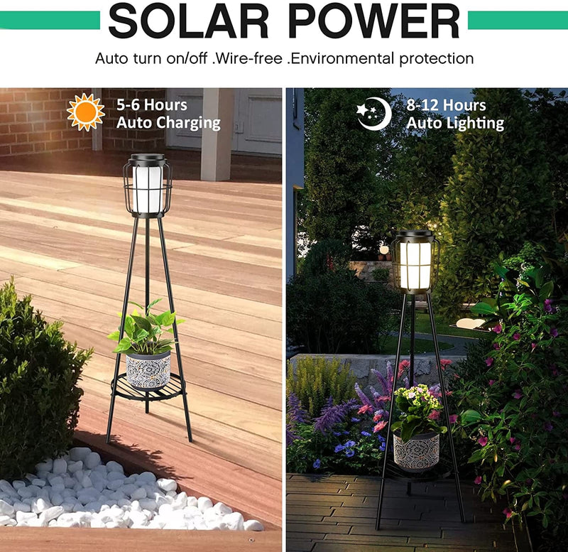 VISFLAIR Metal Solar Floor Lamps Outdoor with Plant Stand, 2 Pack Waterproof Solar Lantern Lights for Patio Deck Yard Garden Porch (Black)