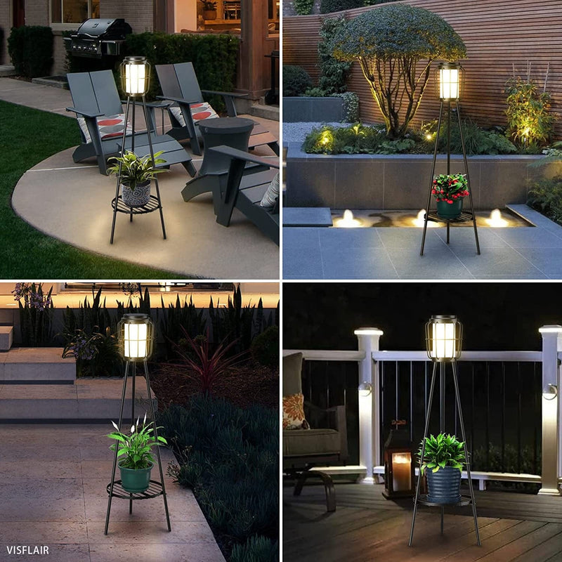 VISFLAIR Metal Solar Floor Lamps Outdoor with Plant Stand, 2 Pack Waterproof Solar Lantern Lights for Patio Deck Yard Garden Porch (Black) Home & Garden > Lighting > Lamps VISFLAIR   