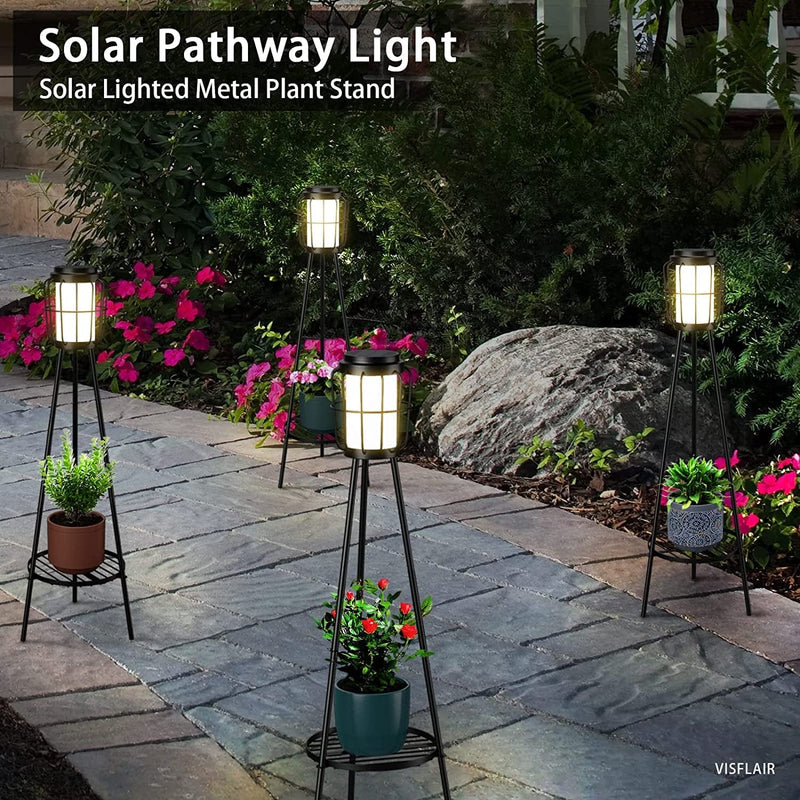 VISFLAIR Metal Solar Floor Lamps Outdoor with Plant Stand, 2 Pack Waterproof Solar Lantern Lights for Patio Deck Yard Garden Porch (Black) Home & Garden > Lighting > Lamps VISFLAIR   