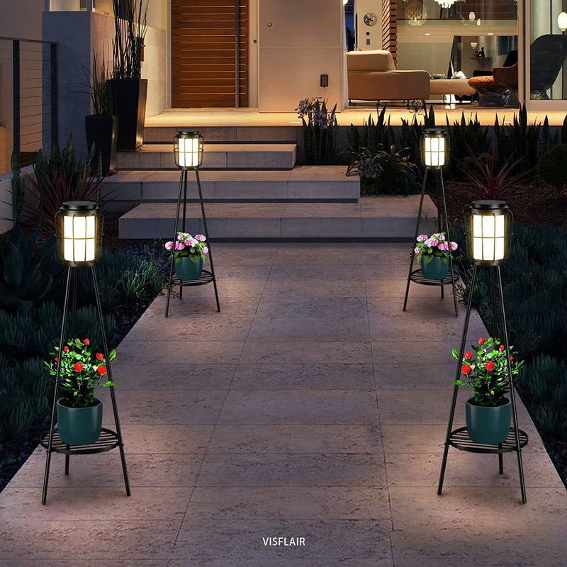 VISFLAIR Metal Solar Floor Lamps Outdoor with Plant Stand, 2 Pack Waterproof Solar Lantern Lights for Patio Deck Yard Garden Porch (Black)
