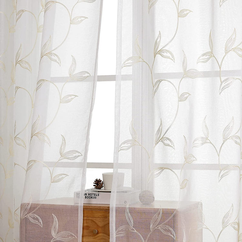 VISIONTEX Sheer White Curtains, Embroidered Damask Khaki Floral Rod Pocket Pair, See through Breathable Drapes for Bedroom, Kitchen, Living Room, Set of 2, Width 54 X Length 84 Inches Home & Garden > Decor > Window Treatments > Curtains & Drapes VISIONTEX Tulip-cream 54 x 95 Inch 