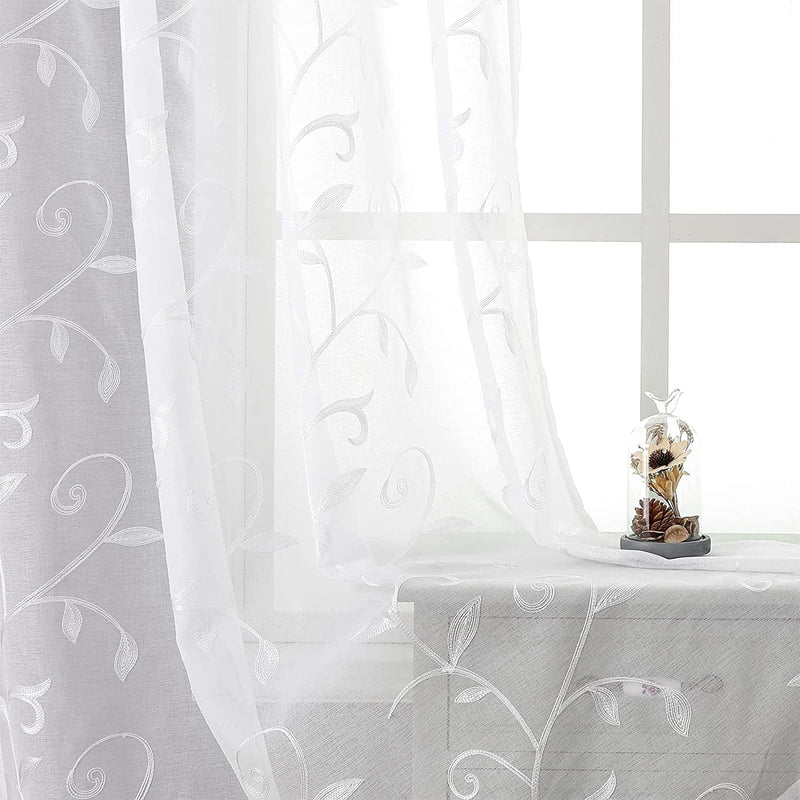 VISIONTEX Sheer White Curtains, Embroidered Damask Khaki Floral Rod Pocket Pair, See through Breathable Drapes for Bedroom, Kitchen, Living Room, Set of 2, Width 54 X Length 84 Inches Home & Garden > Decor > Window Treatments > Curtains & Drapes VISIONTEX Vines-white 54 x 84 Inch 