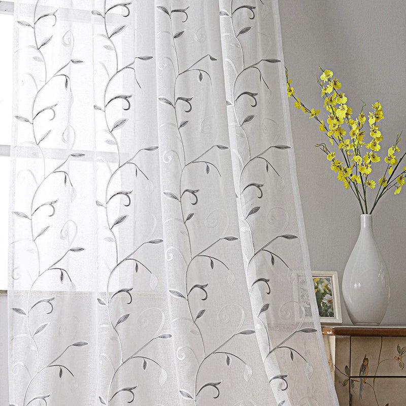 VISIONTEX Sheer White Curtains, Embroidered Damask Khaki Floral Rod Pocket Pair, See through Breathable Drapes for Bedroom, Kitchen, Living Room, Set of 2, Width 54 X Length 84 Inches Home & Garden > Decor > Window Treatments > Curtains & Drapes VISIONTEX Vines-grey 54 x 72 Inch 